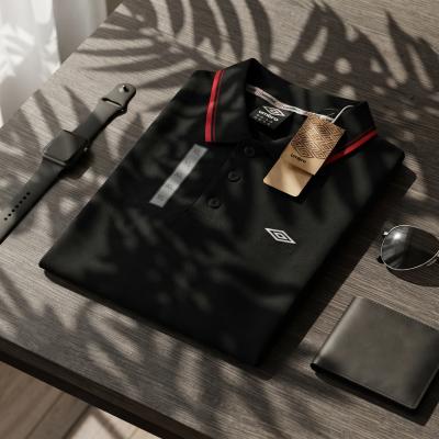Novleot Classic Fit Breathable Cotton Polo Shirt – Black with Crimson Accent Collar
