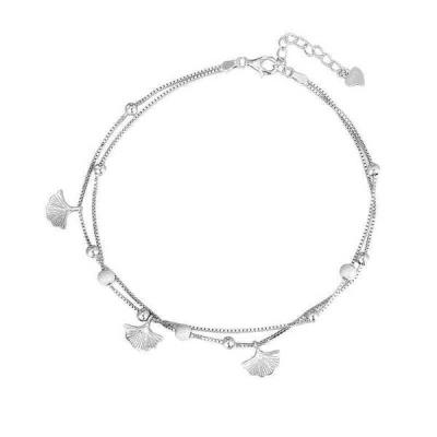 Double-Layer S925 Silver Ginkgo Biloba Charm Anklet