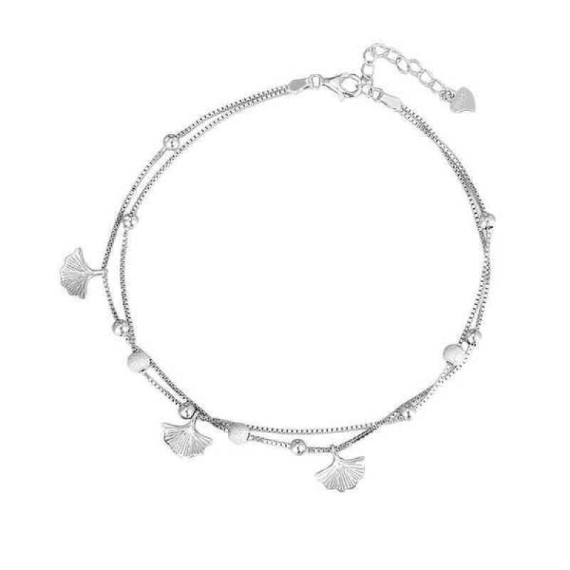 Double-Layer S925 Silver Ginkgo Biloba Charm Anklet