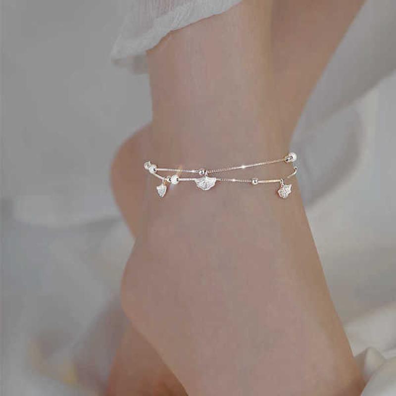 Double-Layer S925 Silver Ginkgo Biloba Charm Anklet