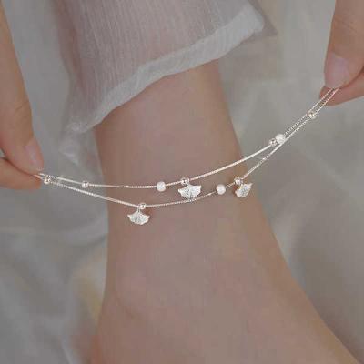 Double-Layer S925 Silver Ginkgo Biloba Charm Anklet